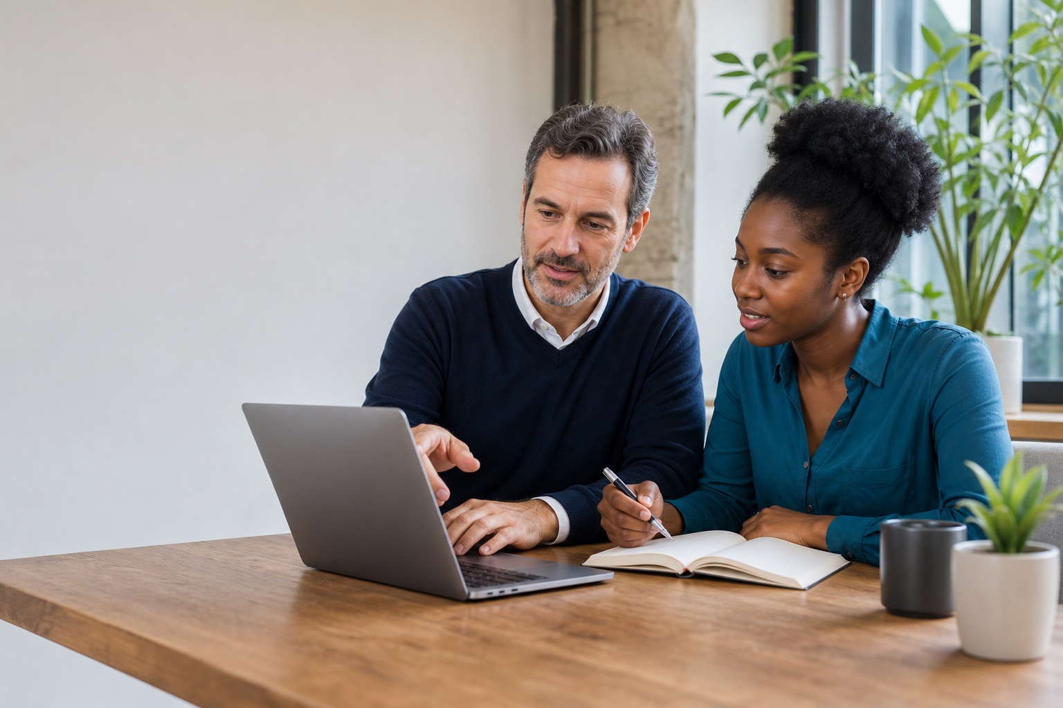 A mentor and adult learner reviewing educational material on a laptop